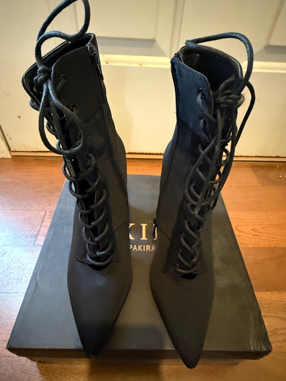 AKIRA Black Lace-Up Pointed Toe Ankle Boots with Side Zipper